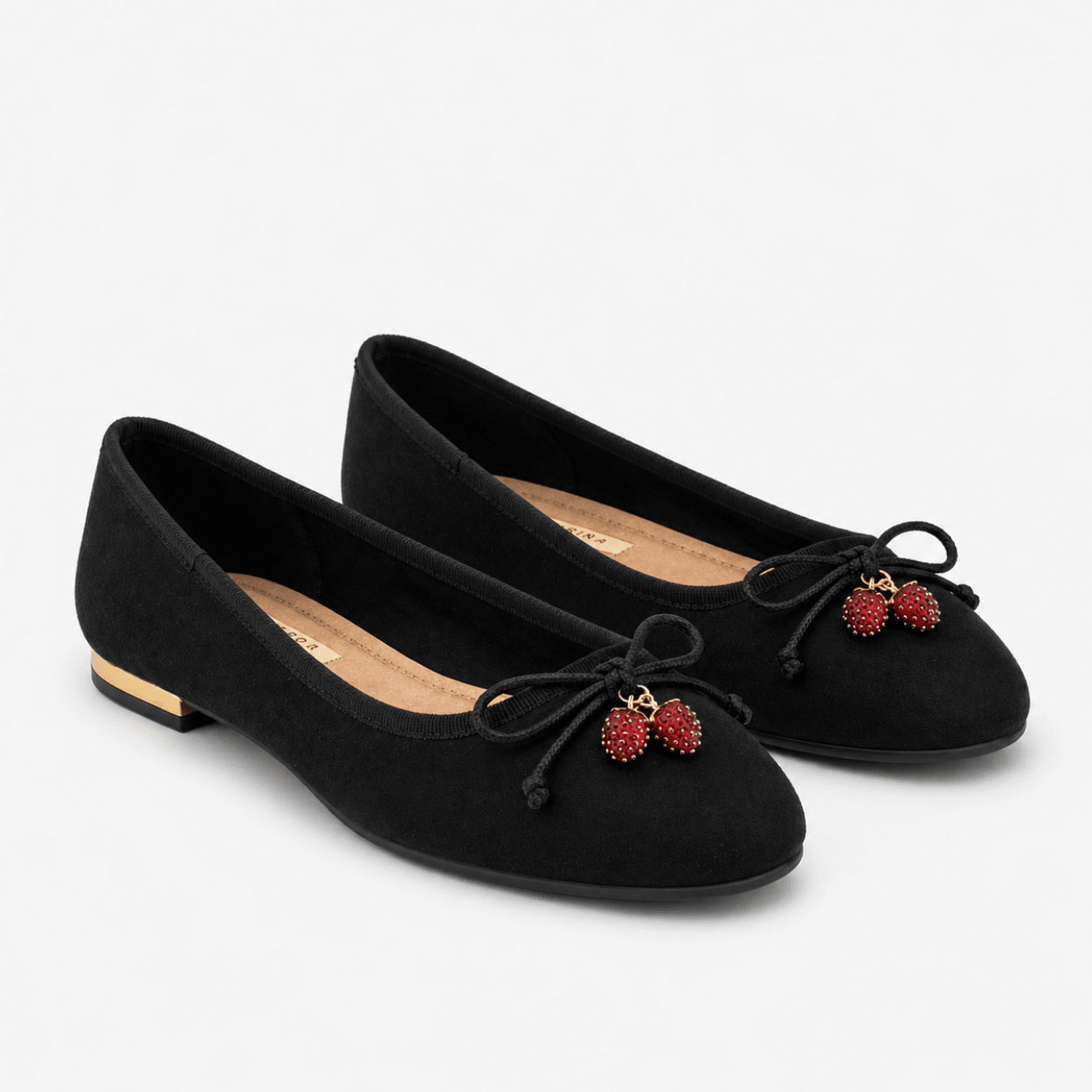 Black Ballet Flat with Cherry Detail - DeeBoutique